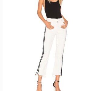 MOTHER The Insider Step Crop Fray - White Crop Jeans with Black & White Stripe